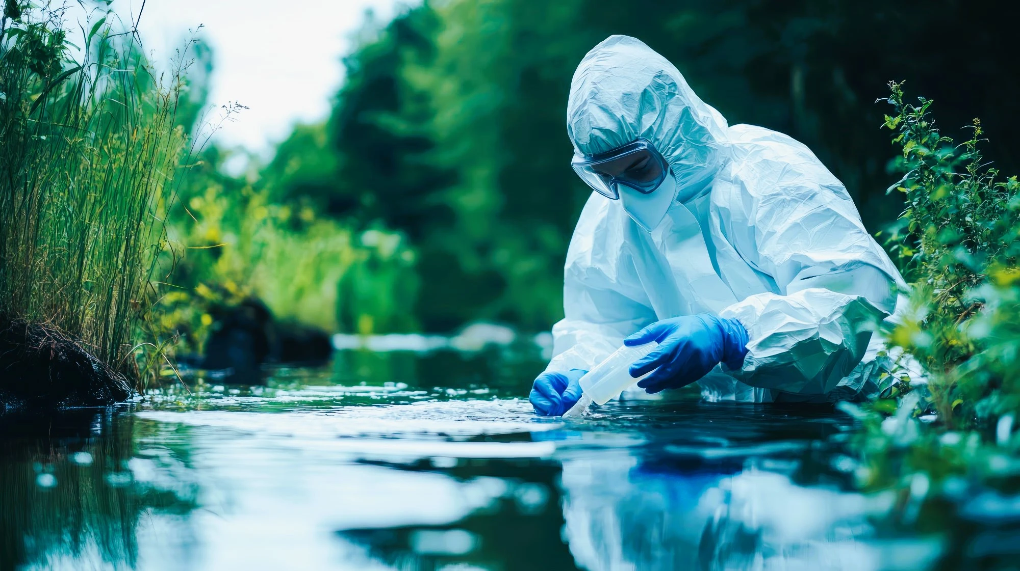 Picture of a person taking water samples from a river